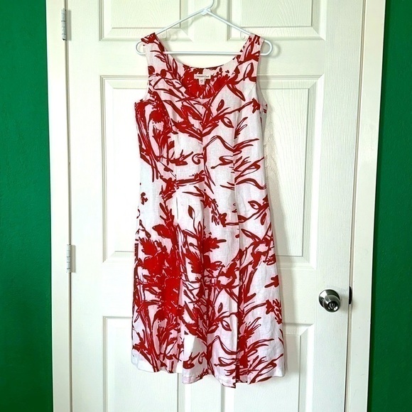 Coldwater Creek Pure Linen Fit & Flare Red White Abstract Print Dress Sz 8 - Picture 1 of 7